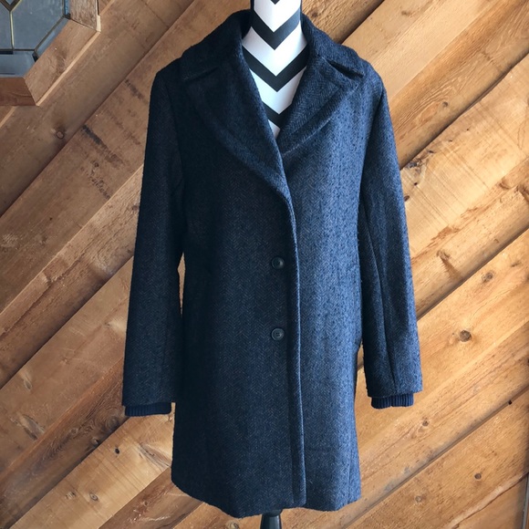 Nine West Black Brown Herringbone Tweed Single Breasted Button Coat Size Large